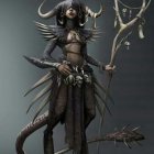 Regal fantasy female character in ornate armor with horned headdress and purple accents, surrounded by