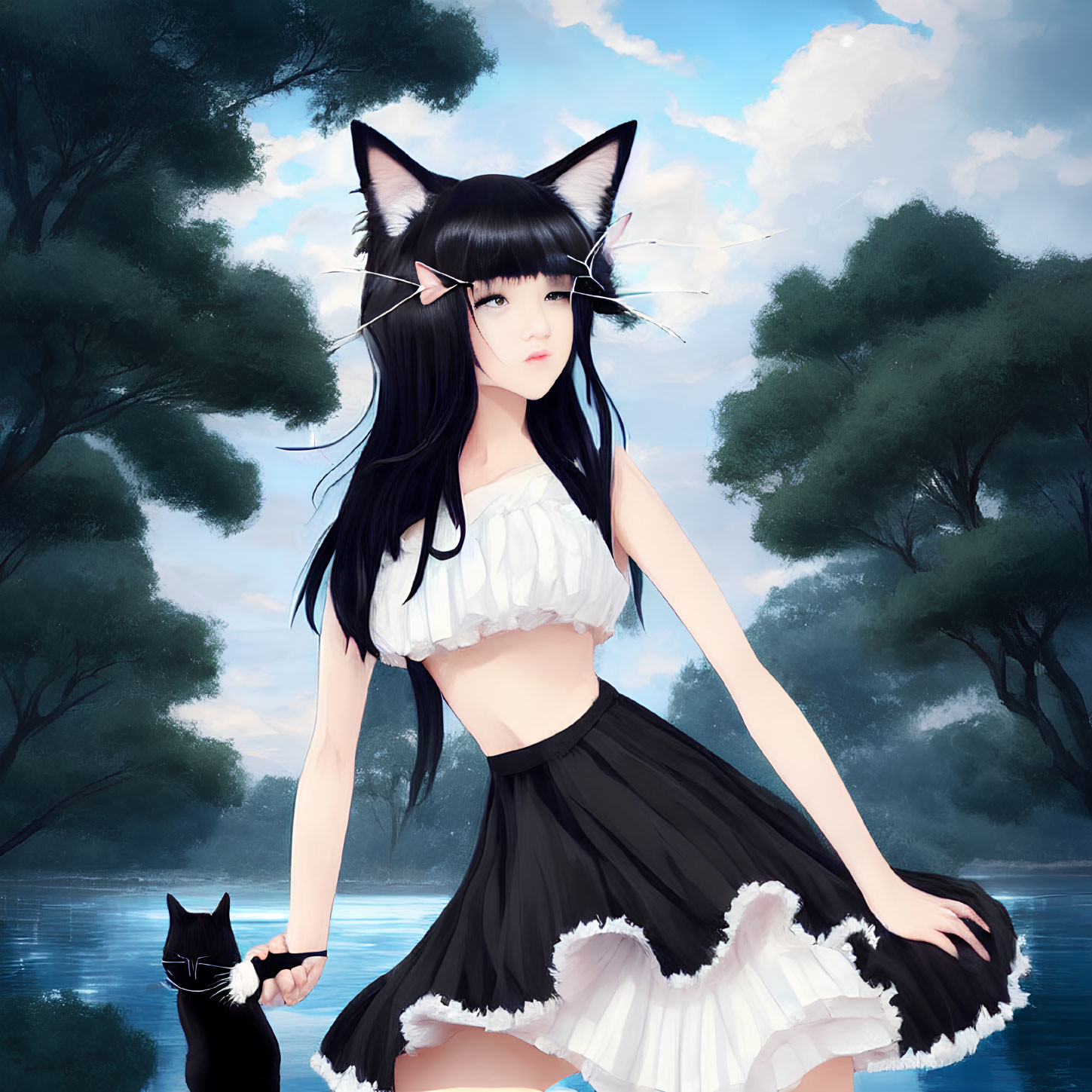 Anime character with cat ears and black outfit by lakeside with black cat