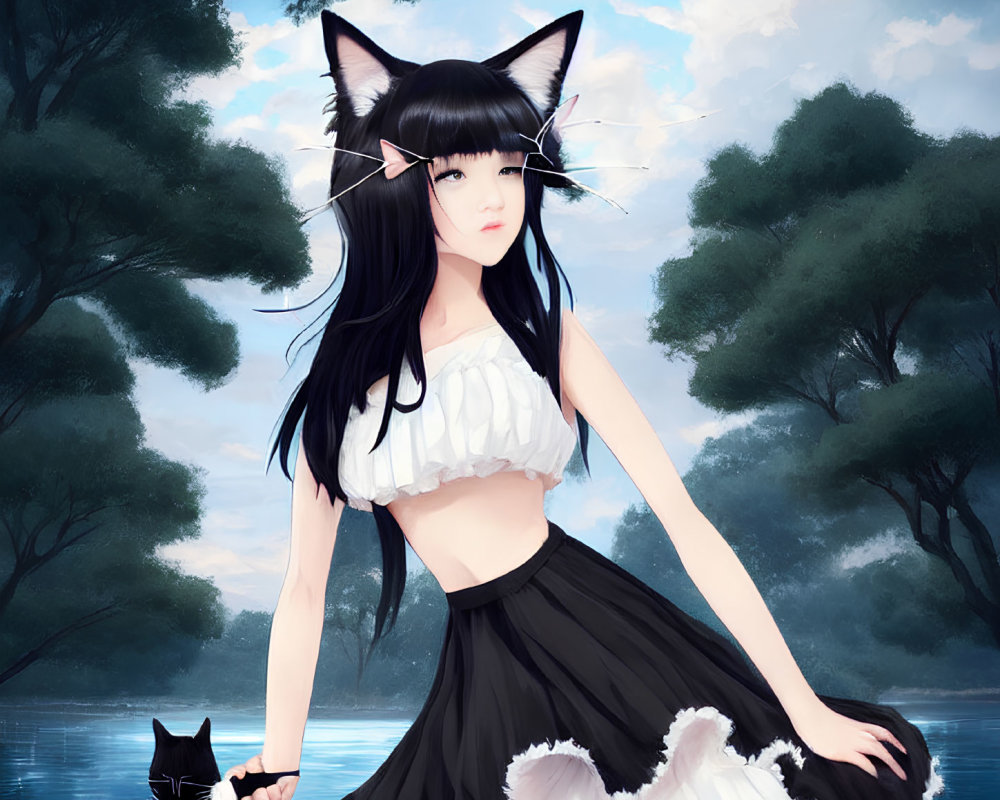 Anime character with cat ears and black outfit by lakeside with black cat