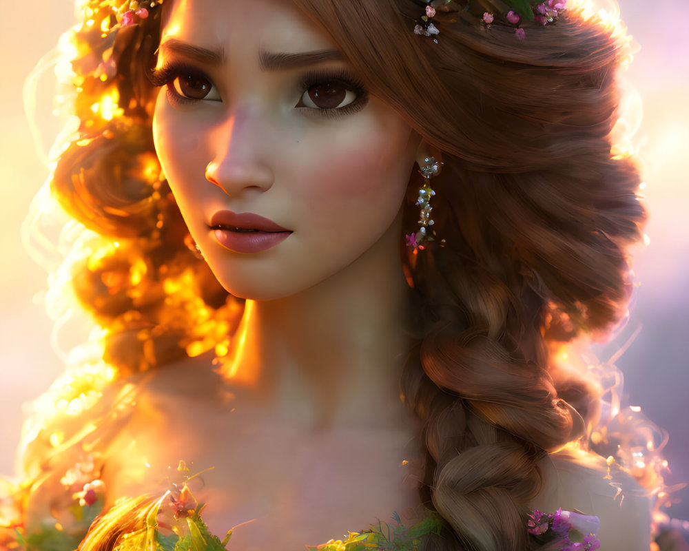 Digital Artwork: Woman with Floral Crown and Braided Hair