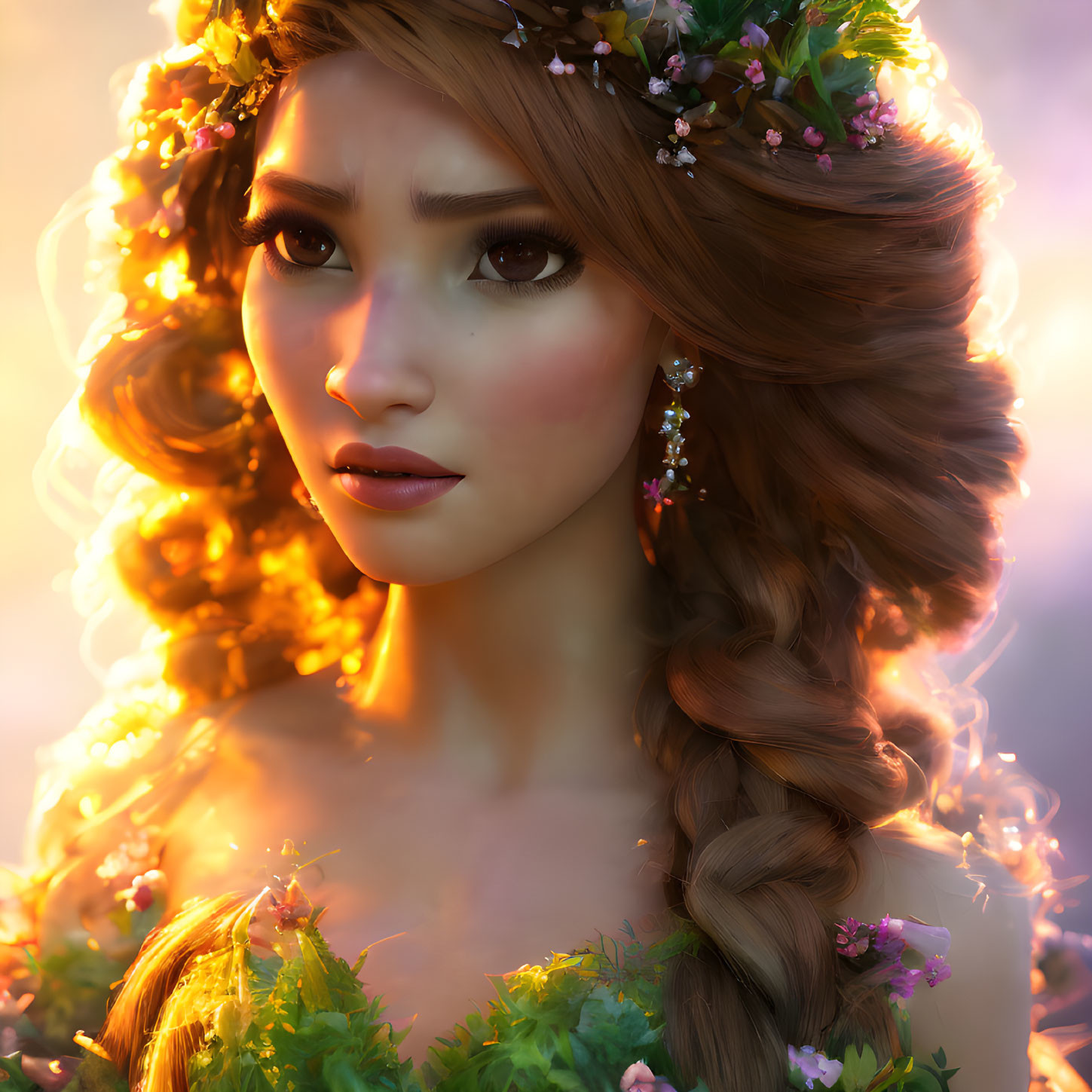 Digital Artwork: Woman with Floral Crown and Braided Hair