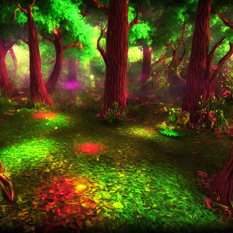Vibrant mystical forest glade with colorful light and purple haze