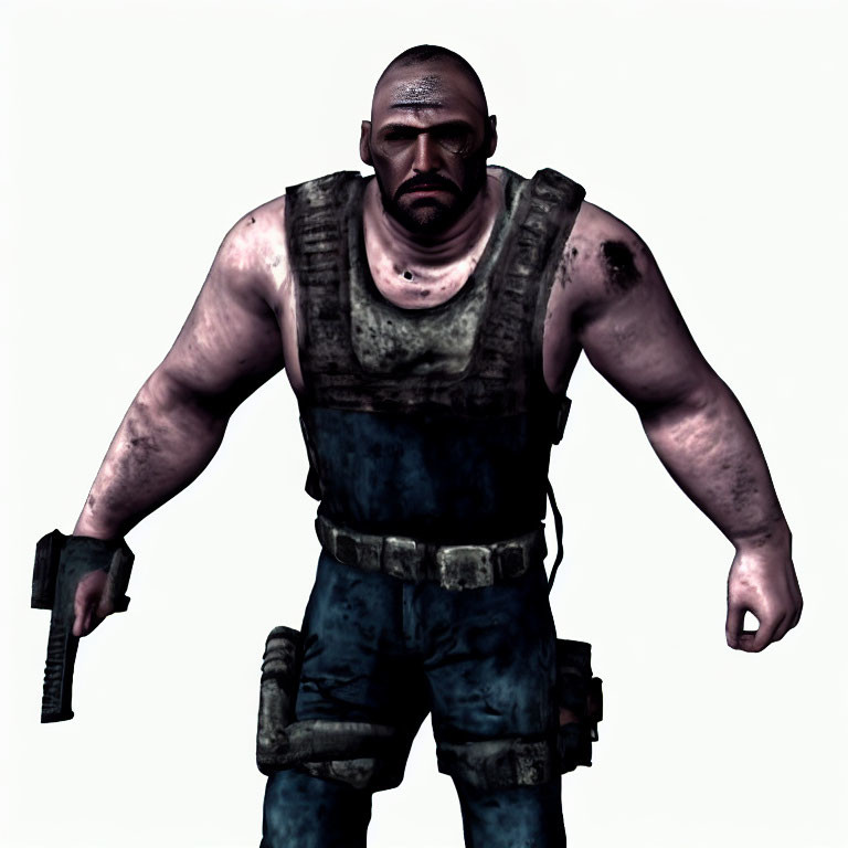 Muscular bald video game character in bulletproof vest with pistol