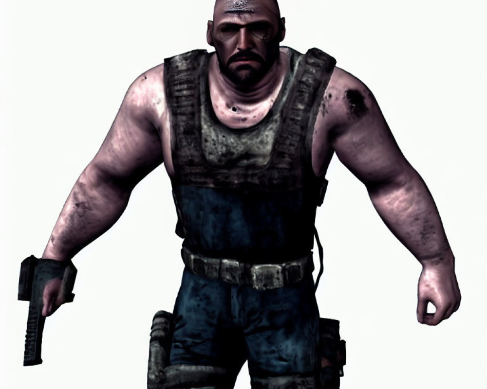 Muscular bald video game character in bulletproof vest with pistol