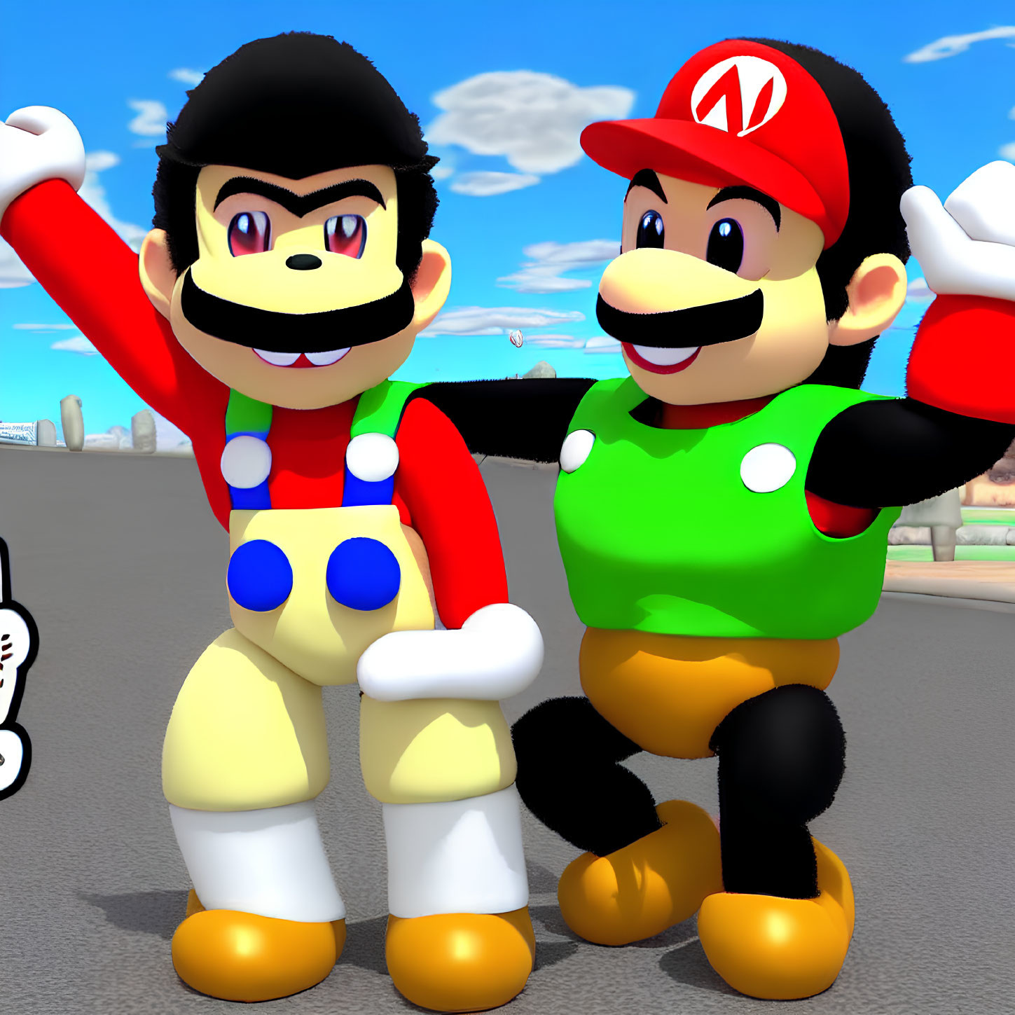 Smiling Mario and Luigi lookalikes against city skyline and blue sky