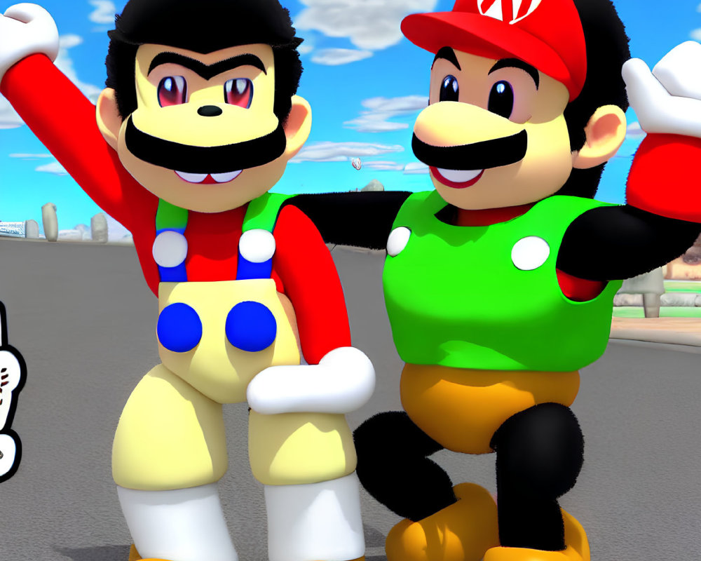 Smiling Mario and Luigi lookalikes against city skyline and blue sky