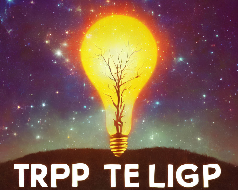 Tree in glowing light bulb on starry cosmos background with text "TRPP TE LIGP