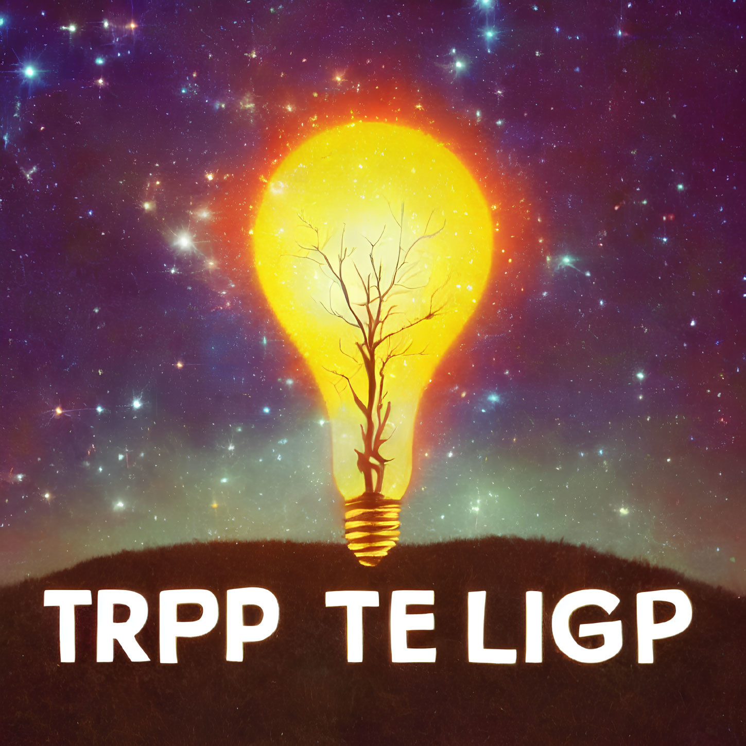 Tree in glowing light bulb on starry cosmos background with text "TRPP TE LIGP