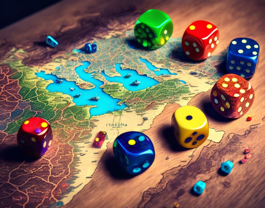 Vibrant dice on Risk board game map of Europe