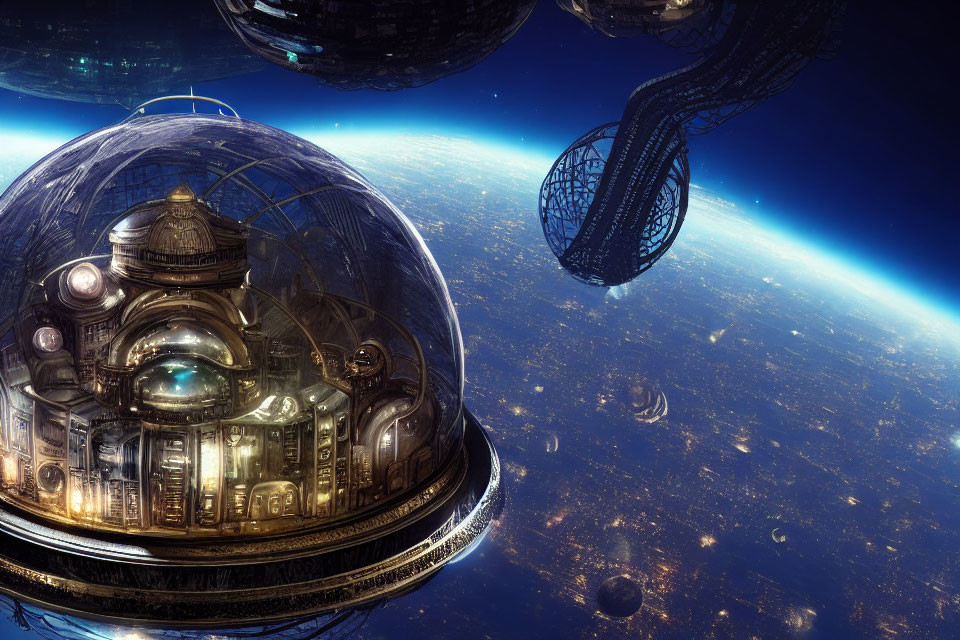 Futuristic space city in glass dome with large structures and satellite spheres.