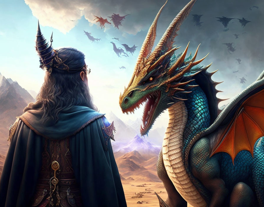 Royal man confronts red-eyed dragon in mountainous landscape