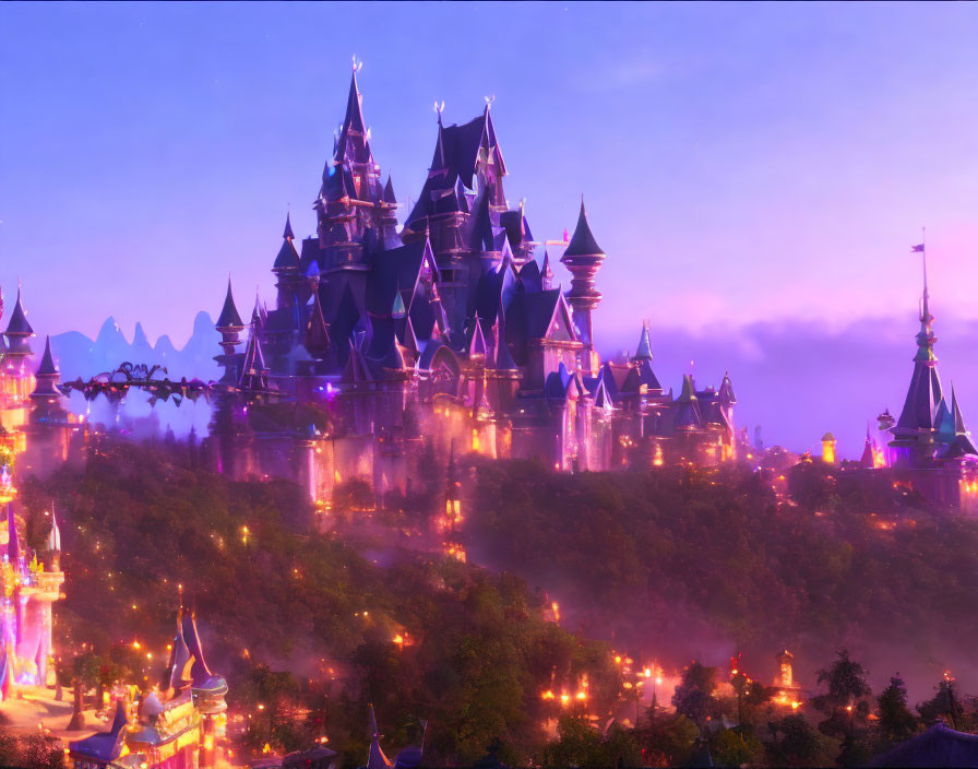 Enchanted castle with golden-lit spires in misty twilight