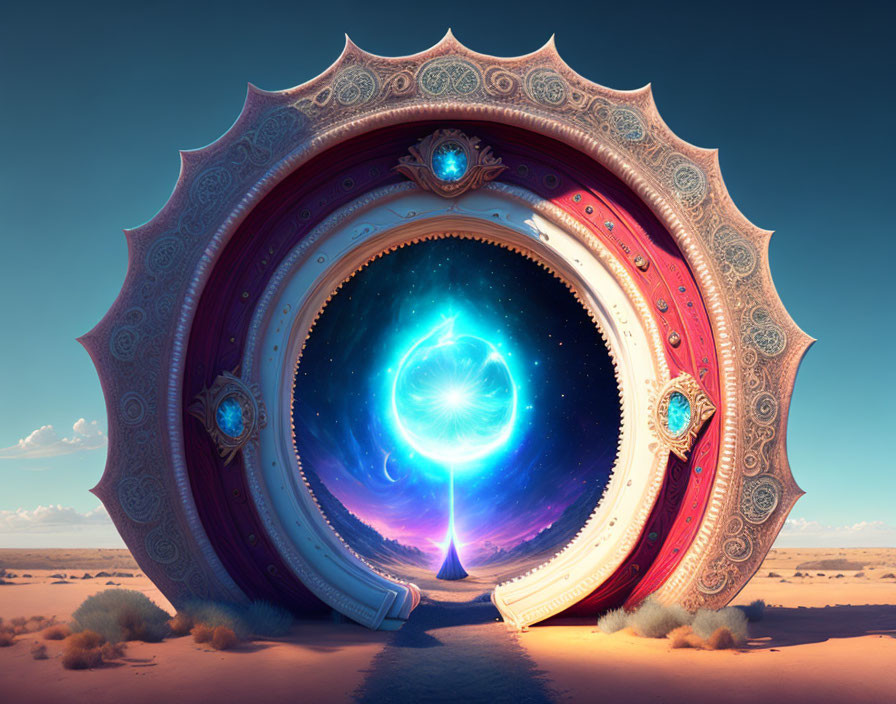 Circular Portal Leading to Cosmic Landscape with Glowing Blue Energy Core