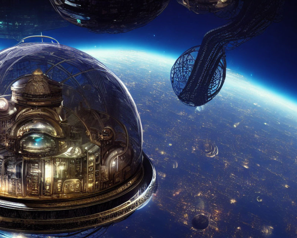 Futuristic space city in glass dome with large structures and satellite spheres.