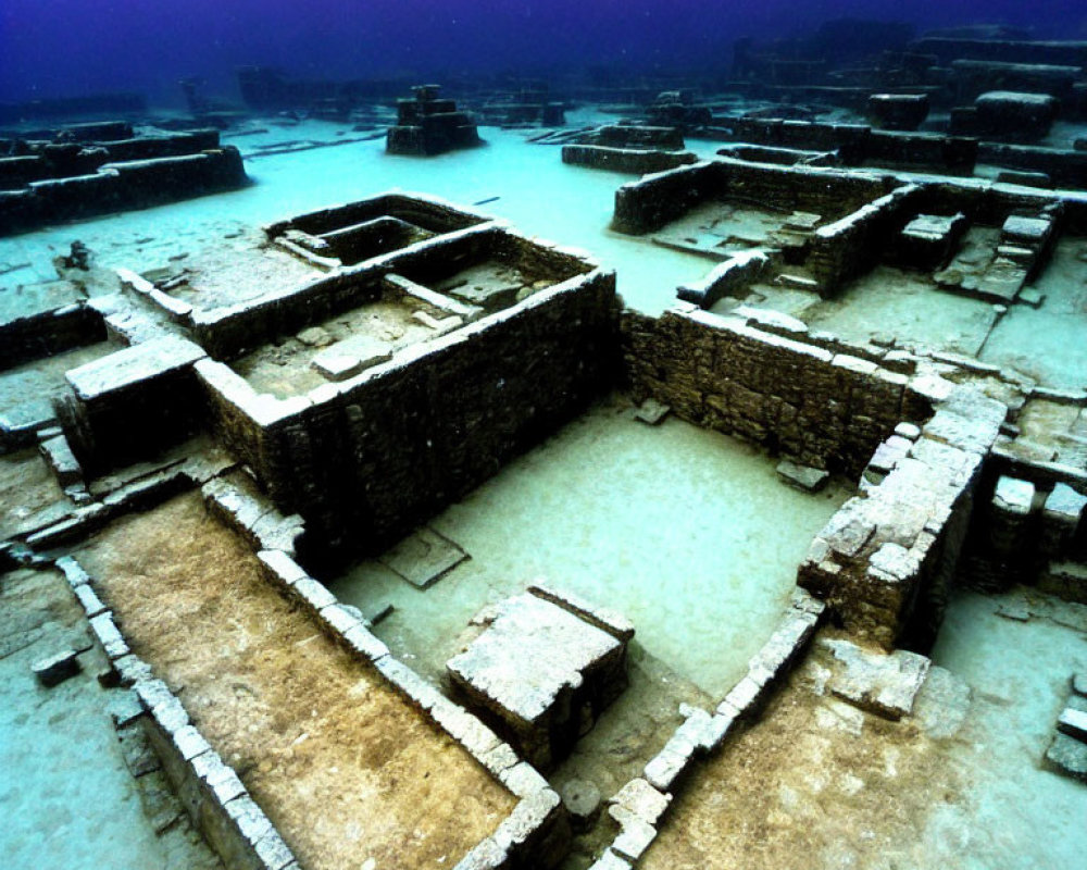 Ancient sunken ruins with stone structures in blue-green underwater scene