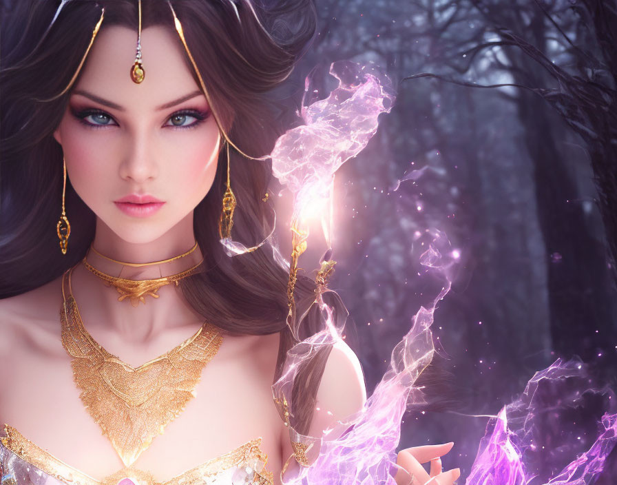 Mystical female figure with blue eyes and dark hair conjures glowing energy in forest