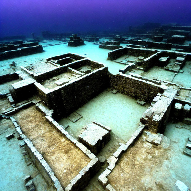 Ancient sunken ruins with stone structures in blue-green underwater scene