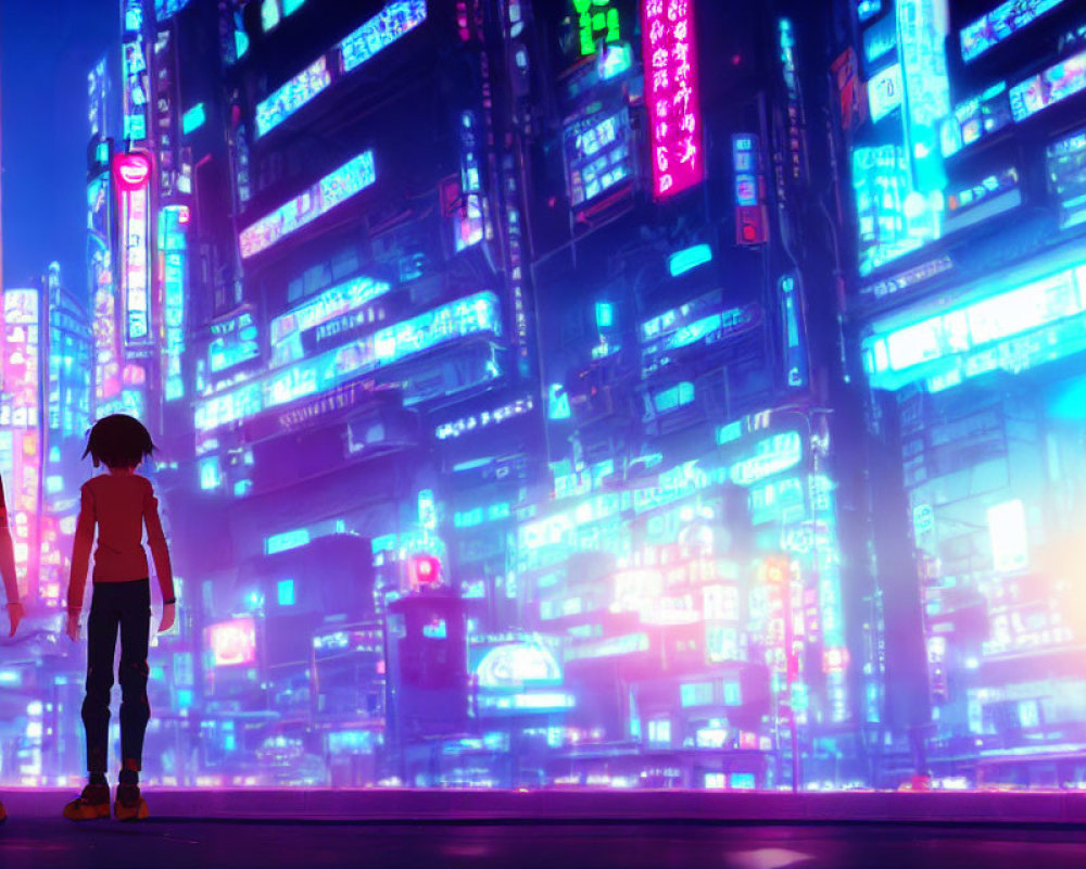 Neon-lit cityscape with two individuals at night