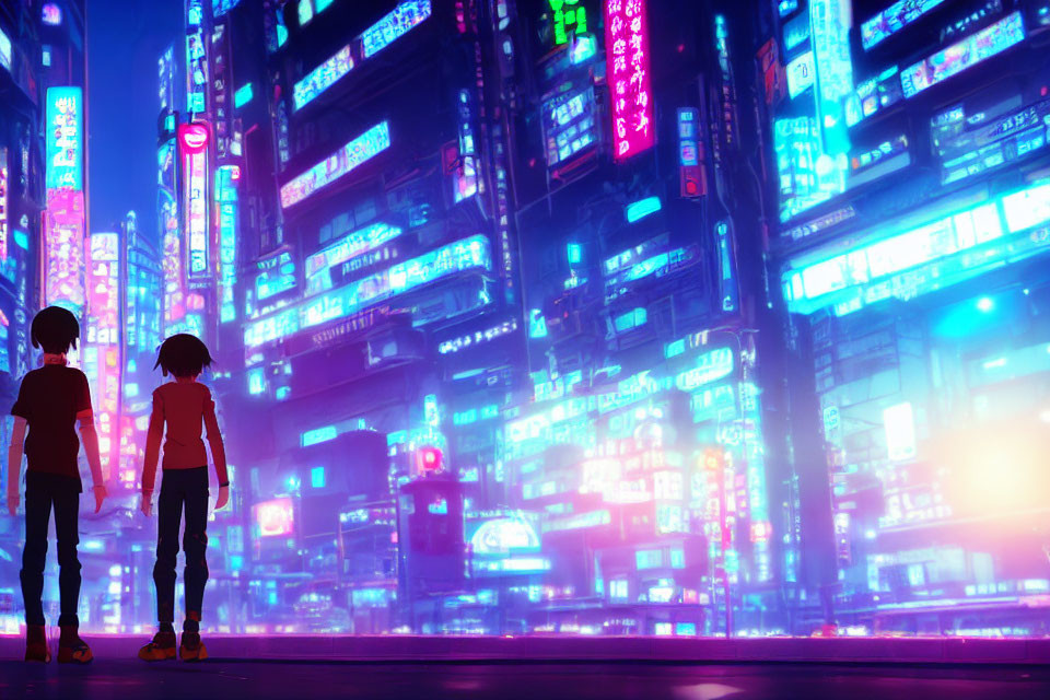 Neon-lit cityscape with two individuals at night