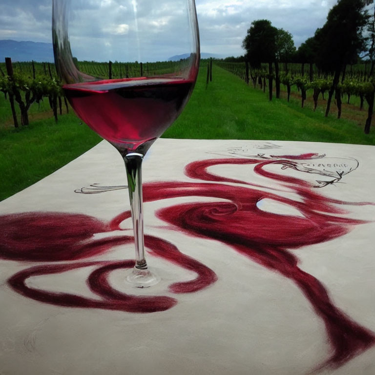 Red wine glass on table with vineyard background and wine swirl tablecloth