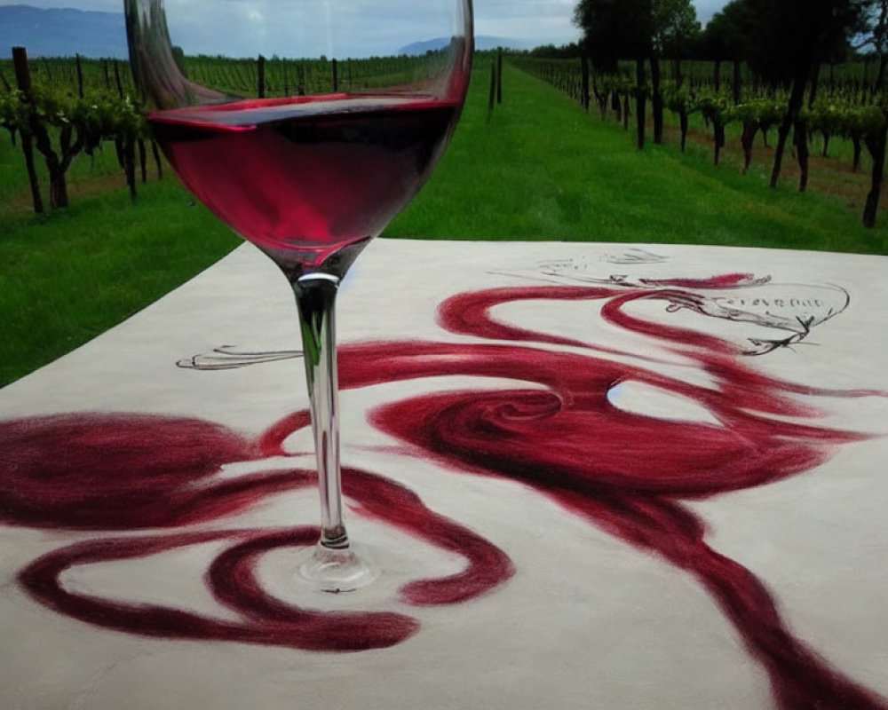 Red wine glass on table with vineyard background and wine swirl tablecloth