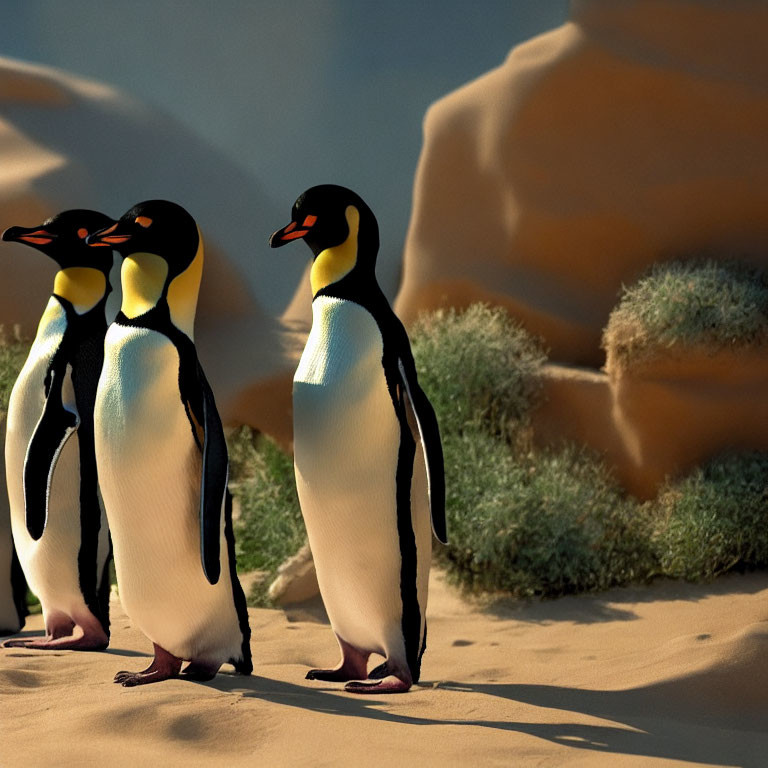 Three Penguins on Sandy Terrain at Golden Hour