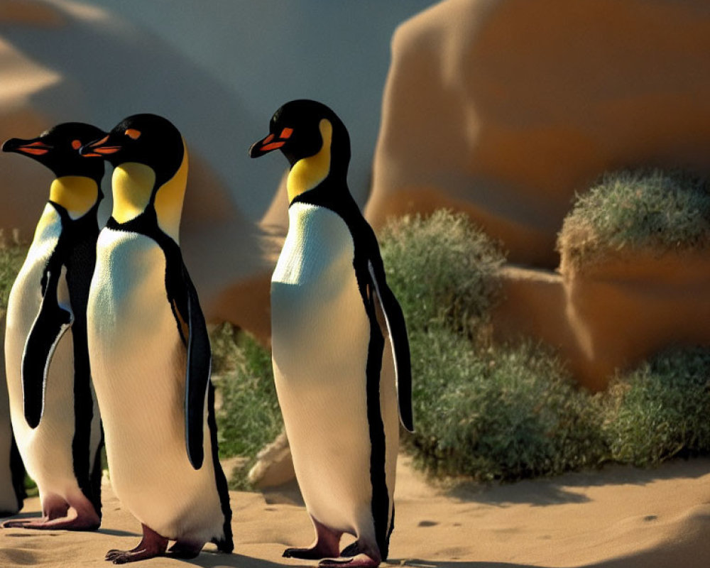 Three Penguins on Sandy Terrain at Golden Hour