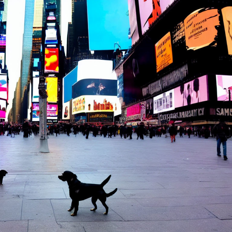 Small black dog in Times Square with vibrant billboards and crowd.