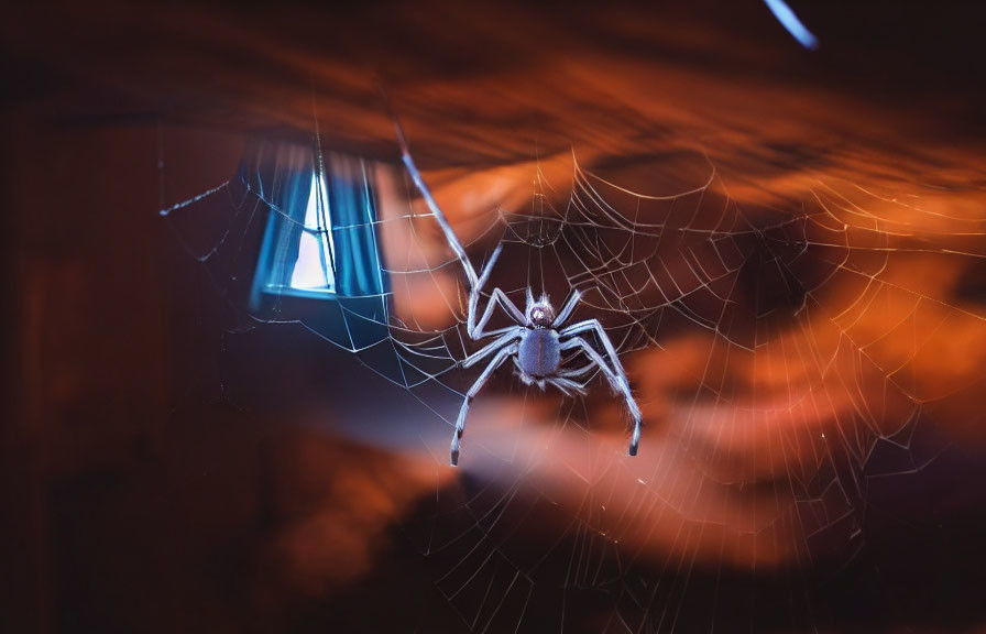 Spider hanging in web with warm glowing lights and lampshade in angular perspective