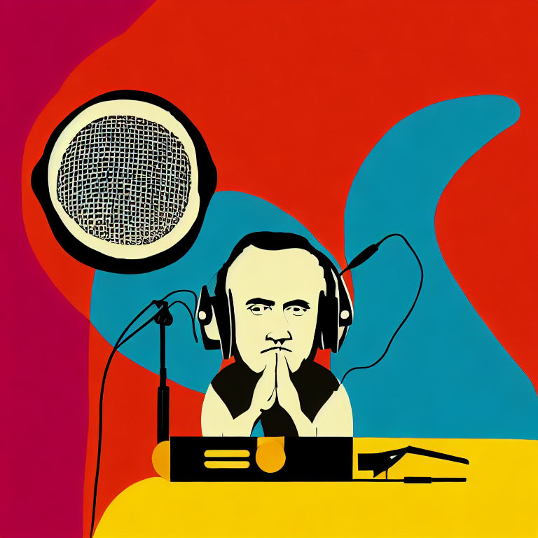 Pop Art Style Illustration of Figure with Headphones and Microphone on Colorful Background