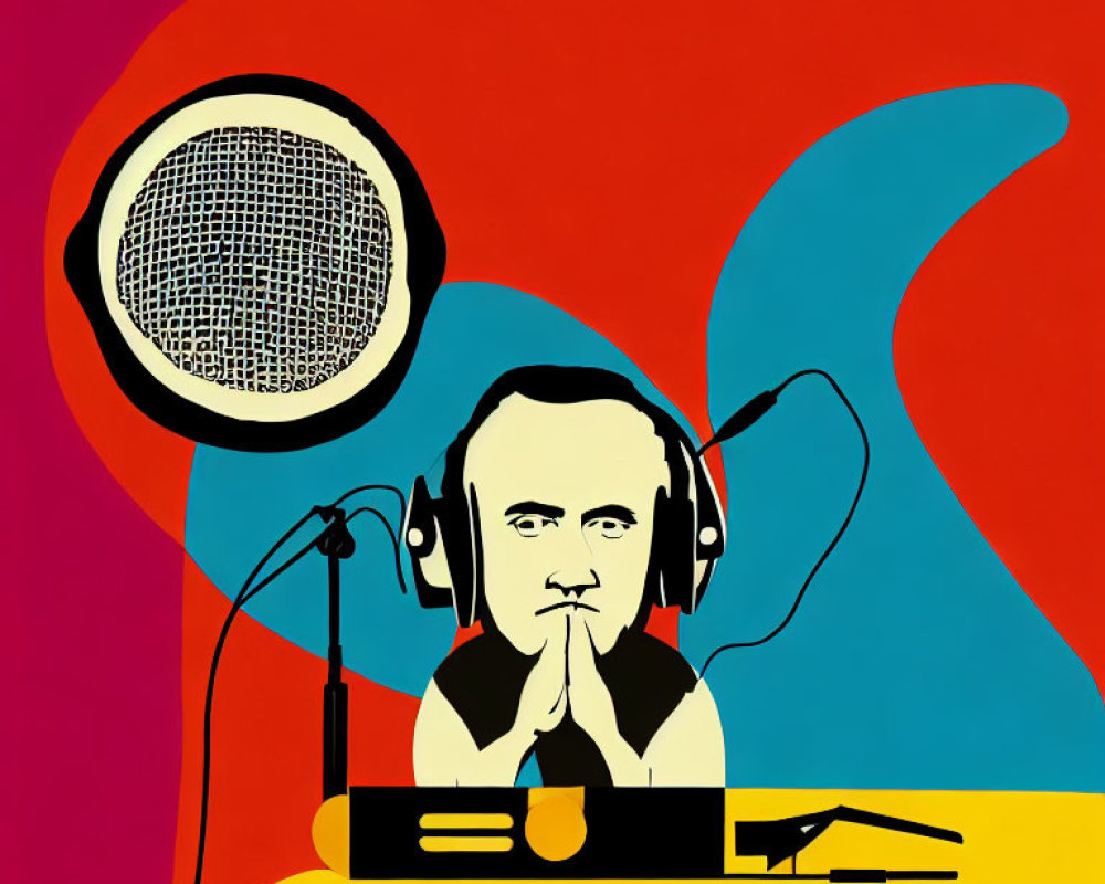 Pop Art Style Illustration of Figure with Headphones and Microphone on Colorful Background