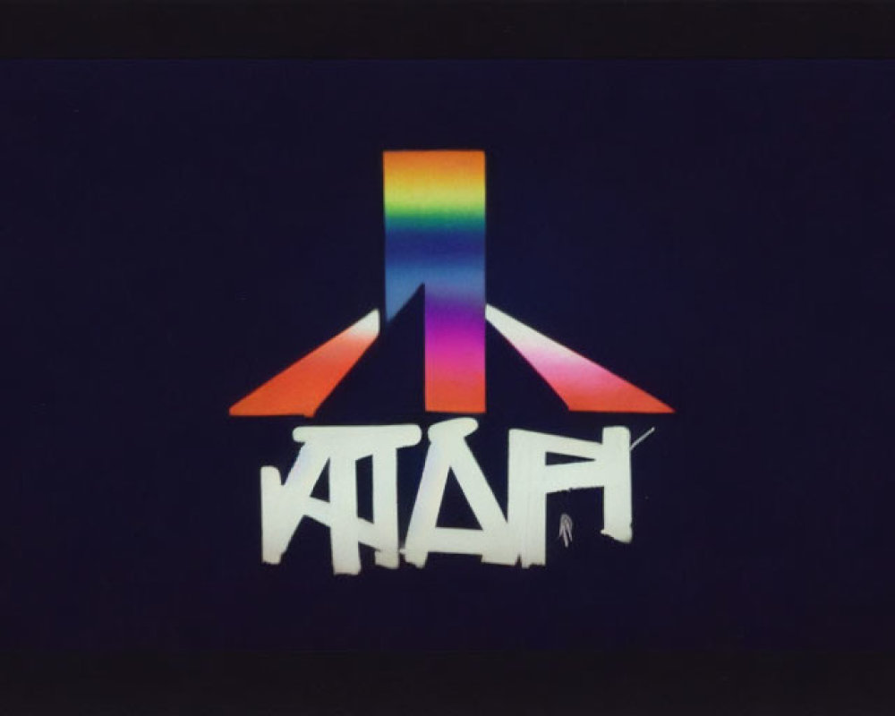 Rainbow-colored retro Atari logo on black background with stylized white text