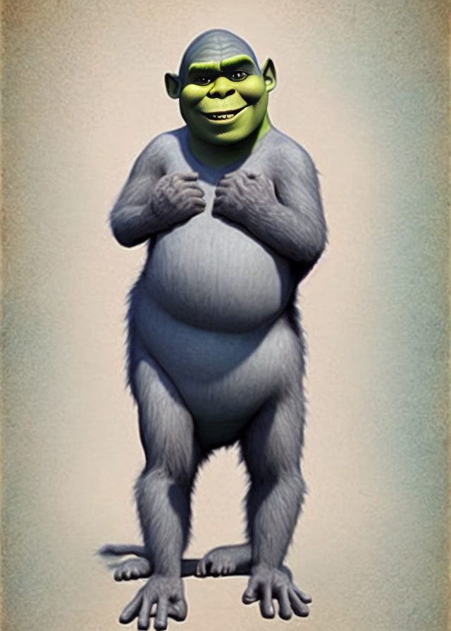 Cartoon image of Shrek's head on a gorilla's body on vintage paper