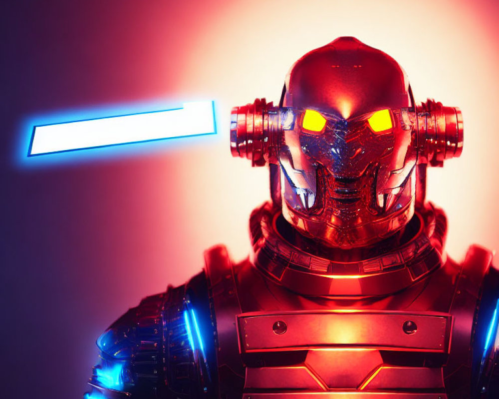 Futuristic robot with glowing red eyes and blue neon light blade in dynamic pose on red background.