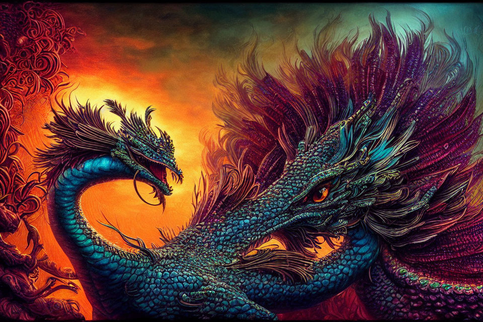 Vibrant mythical dragons with intricate scales on fiery background