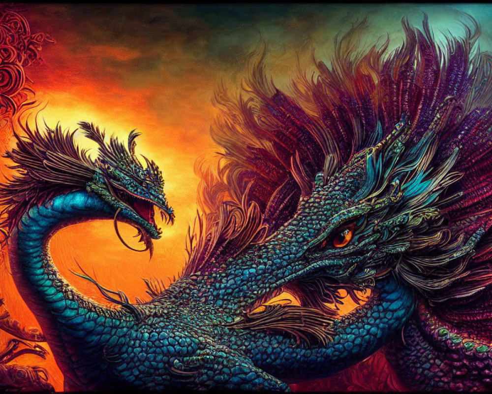 Vibrant mythical dragons with intricate scales on fiery background