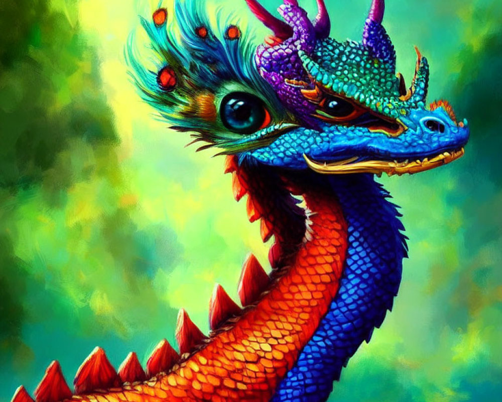 Colorful Mythical Dragon Illustration with Blue Scales & Red Spines