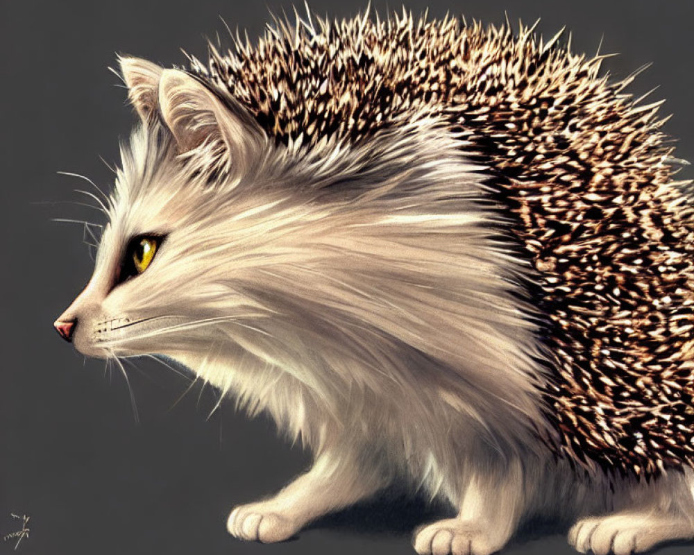 Fantasy creature with cat head and hedgehog body: sharp quills, soft fur