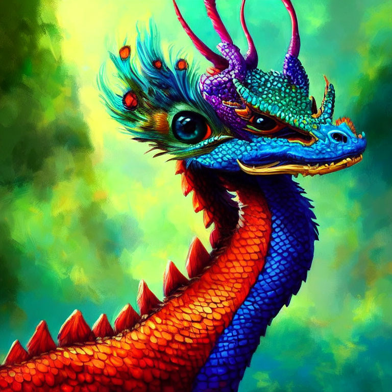 Colorful Mythical Dragon Illustration with Blue Scales & Red Spines