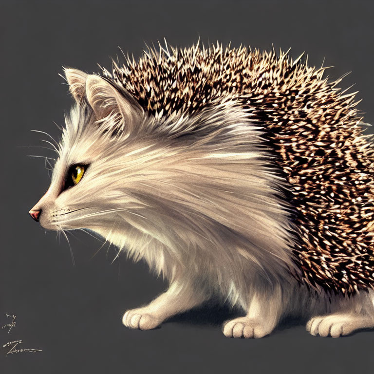 Fantasy creature with cat head and hedgehog body: sharp quills, soft fur