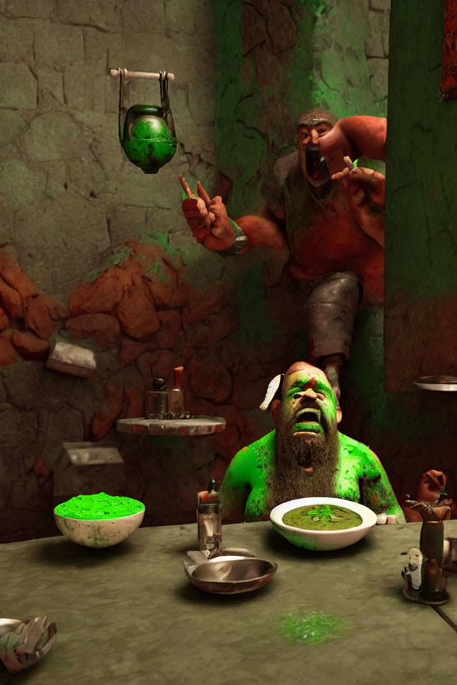 Two green ogres in rustic kitchen scene with messy eating.