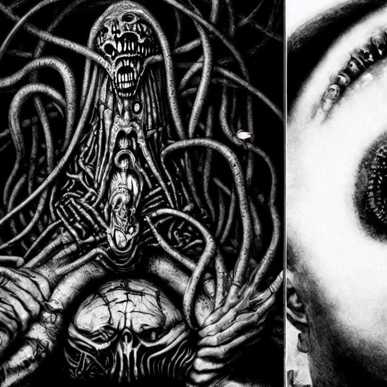 Split-image: Grotesque tentacled creature and stitched human eye