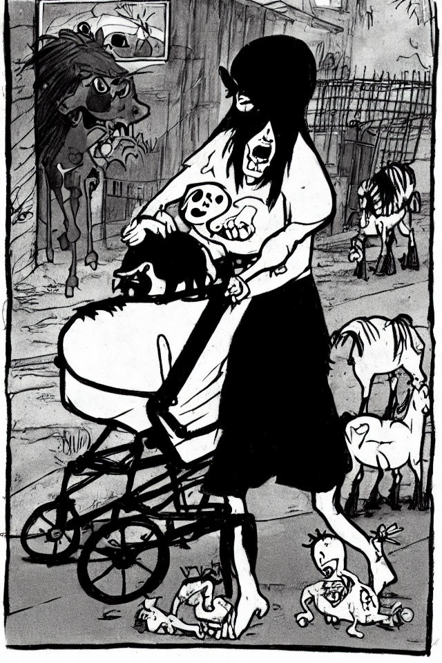 Monochrome illustration of woman with pram and animals