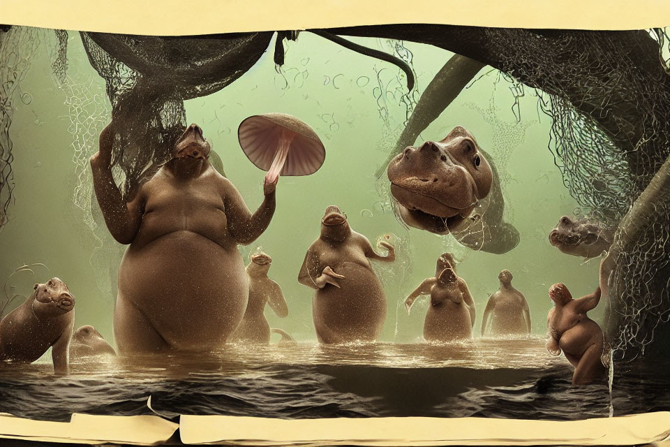 Anthropomorphic hippos in Victorian attire ballet underwater with trees.