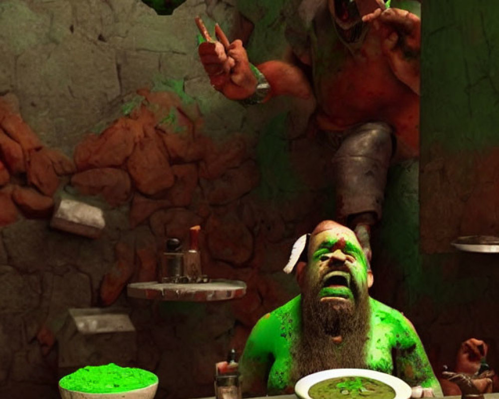 Two green ogres in rustic kitchen scene with messy eating.