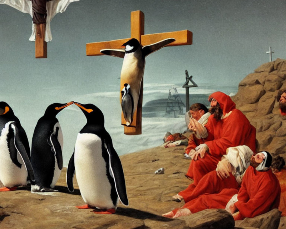 Surreal artwork featuring penguins, robed figures, and crucifixion in rocky landscape.