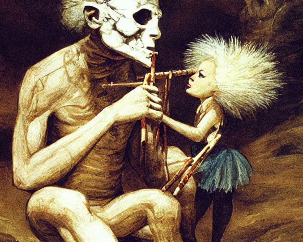 Surreal artwork of skeletal figure playing flute for listening female