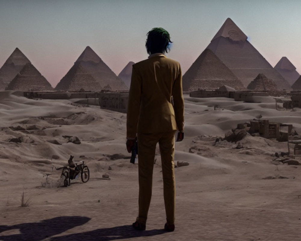 Person in Brown Suit Standing by Giza Pyramid Complex with Bicycle