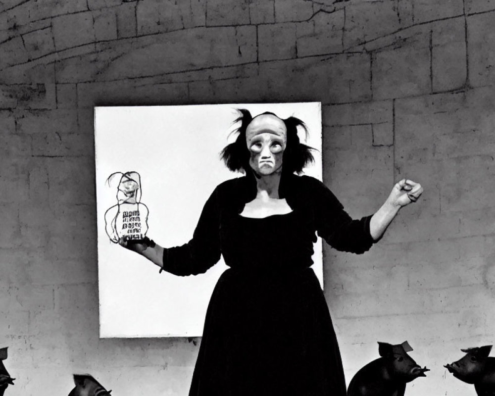 Person in mime-like makeup poses with white sign among figures in pig masks on concrete backdrop