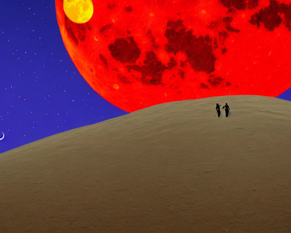 Silhouetted figures on barren hill under red moon and starry sky